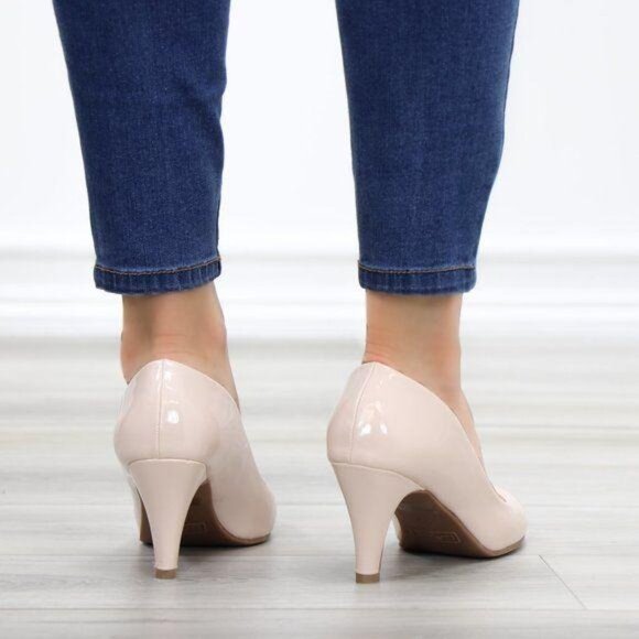 Nude Paten Round Toe Kitten Low Heel Pumps - Picture 10 of 11